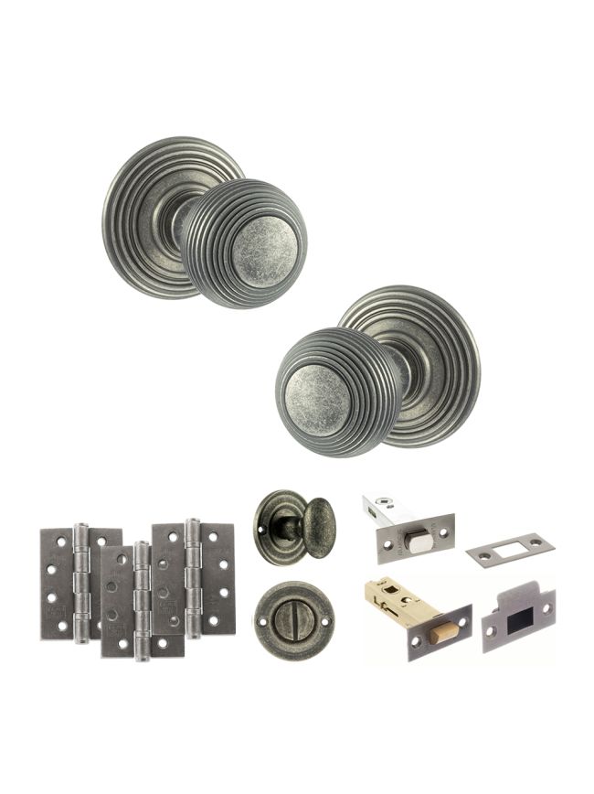 Old English Ripon Door Knob Pack (Bathroom Set - 3" Deadbolt, 4" Fire Rated Hinges x3) - Distressed Silver