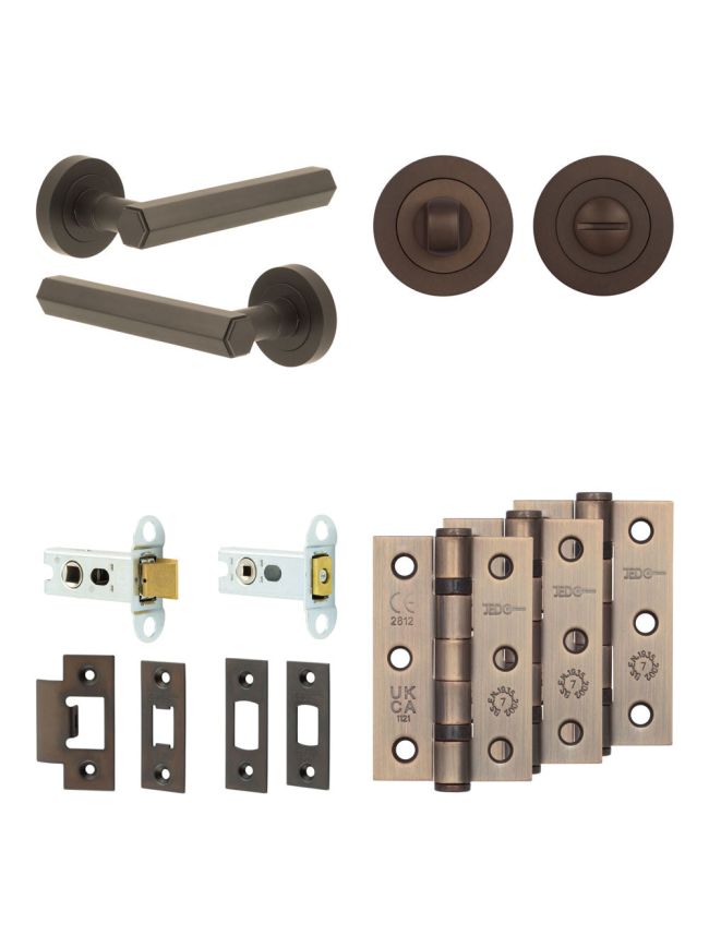 Complete Hex Door Handle Pack - Heavy Duty Tubular Bathroom (Standard Thumb Turn) - Dark Bronze - 64mm / 3-inch Hinges - JE-C30B3-DB