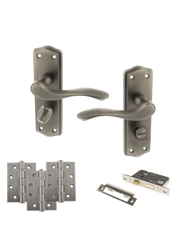 Old English Warwick Door Handle Pack (Bathroom Set - 3" CE Bathroom Lock, 4" Fire Rated Hinges x3) - Matt Gun Metal