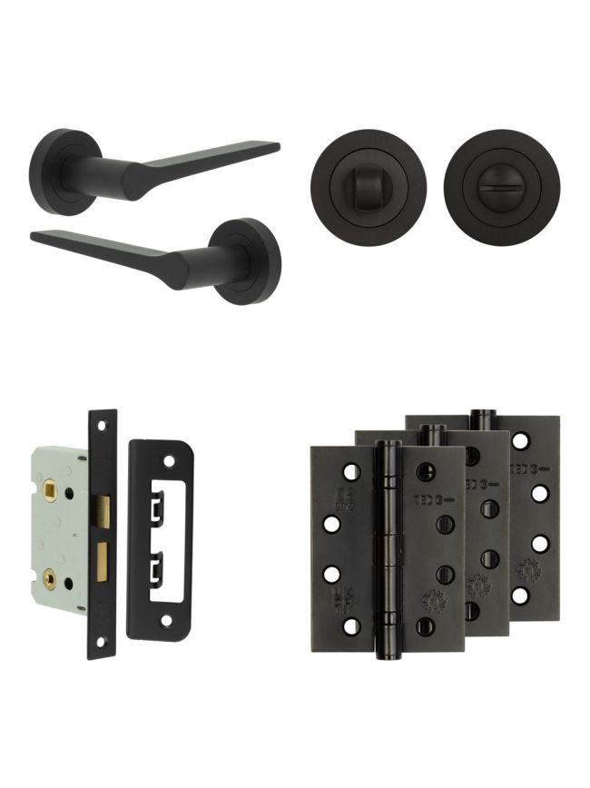 Complete Gio Door Handle Pack - Bathroom Lock (Standard Thumb Turn) - Matt Black - 65mm / 4-inch Hinges - JE-E5A3-MB