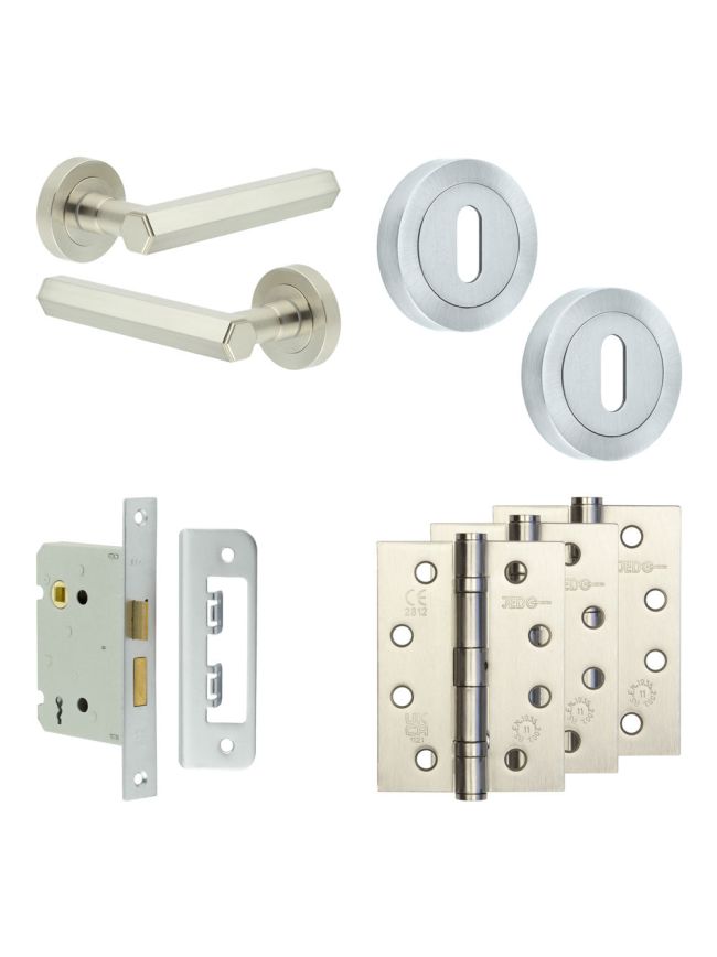 Complete Hex Door Handle Pack - Sashlock - Satin Nickel - 76mm / 4-inch Hinges - JE-C8A8-SN