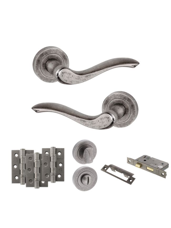 Old English Warwick Door Handle Pack (Bathroom Set - 3" CE Bathroom Lock, 3" Fire Rated Hinges x3) - Distressed Silver
