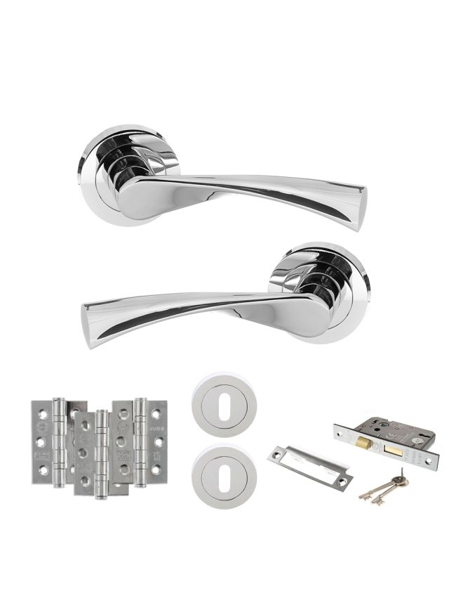 STATUS Colorado Door Handle Pack (3 Lever Lock Set - 3" CE Sashlock, 3" Fire Rated Hinges x3) - Polished Chrome