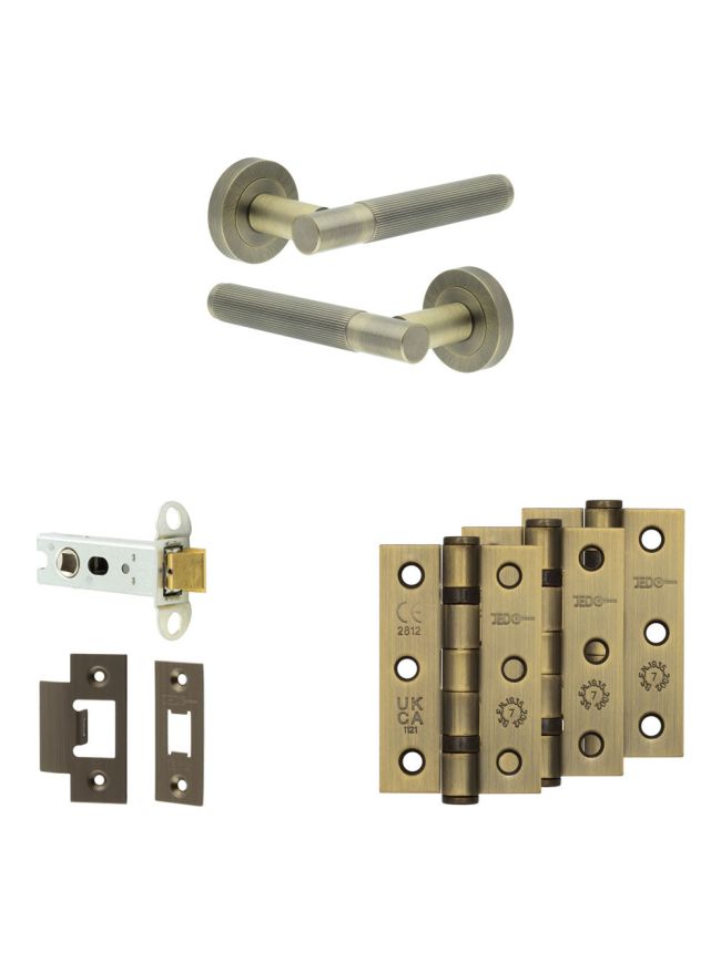 Complete Venice Door Handle Pack - Heavy Duty Latch - Antique Brass - 76mm / 3-inch Hinges - JE-F21B-AB