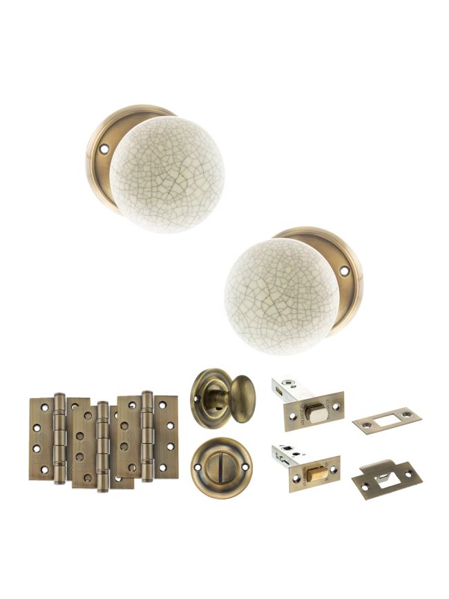 Old English Skipton Door Knob Pack (Bathroom Set - 3" Deadbolt, 4" Fire Rated Hinges x3) - Antique Brass