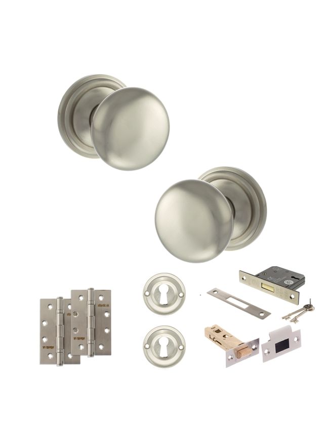 Old English Harrogate Door Knob Pack (Lock Set - 3" Latch & Deadlock, 4" Slim Knuckle Hinges x2) - Satin Nickel