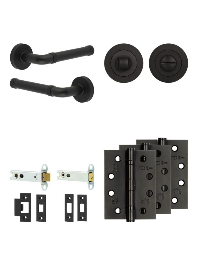 Complete Midtown Door Handle Pack - Heavy Duty Tubular Bathroom (Standard Thumb Turn) - Matt Black - 102mm / 4-inch Hinges - JE-G32A3-MB