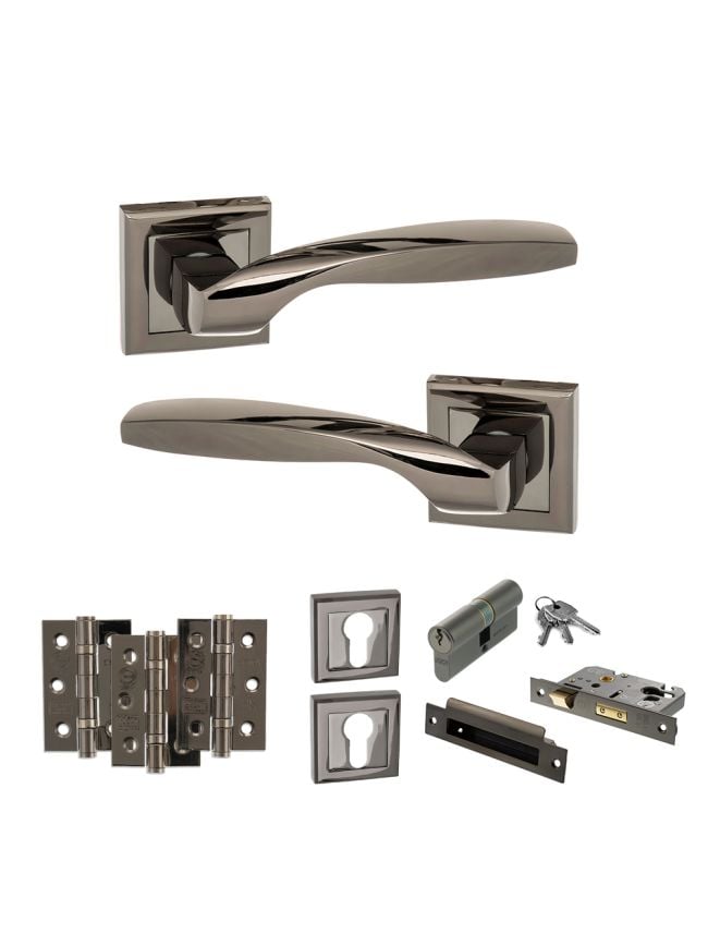 STATUS Oklahoma Door Handle Pack (Euro Lock Set - 2.5" CE Sashlock, 3" Fire Rated Hinges x3) - Black Nickel