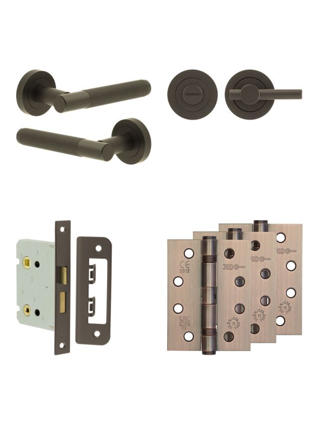 Complete Venice Door Handle Pack - Bathroom Lock (Plain Thumb Turn) - Dark Bronze - 76mm / 4-inch Hinges - JE-F6A2-DB
