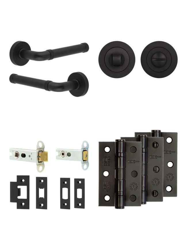 Complete Midtown Door Handle Pack - Heavy Duty Tubular Bathroom (Standard Thumb Turn) - Matt Black - 76mm / 3-inch Hinges - JE-G31B3-MB