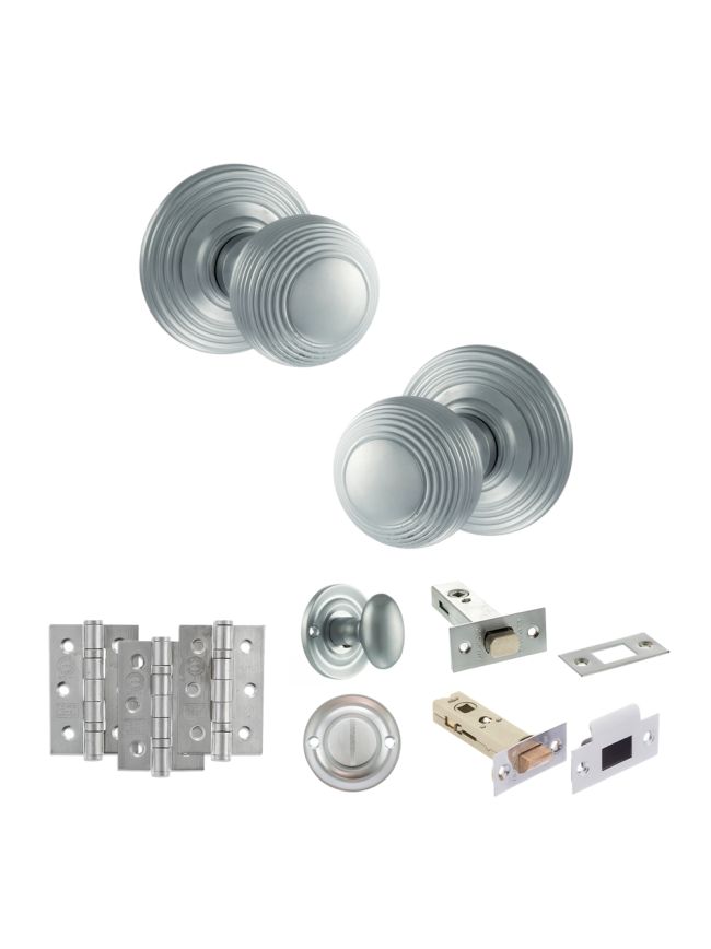 Old English Ripon Door Knob Pack (Bathroom Set - 3" Deadbolt, 3" Fire Rated Hinges x3) - Satin Chrome