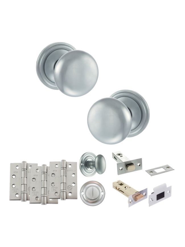 Old English Harrogate Door Knob Pack (Bathroom Set - 4" Deadbolt, 4" Fire Rated Hinges x3) - Satin Chrome