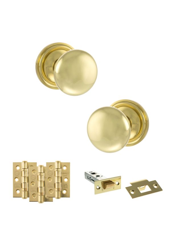 Old English Harrogate Door Knob Pack (Latch Set - 3" HD Latch, 3" Fire Rated Hinges x3) - Polished Brass