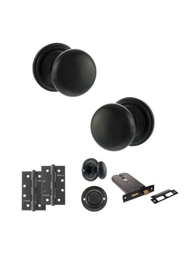 Old English Harrogate Door Knob Pack (Lock Set - Horizontal Bathlock, 4" Slim Knuckle Hinges x2) - Matt Black