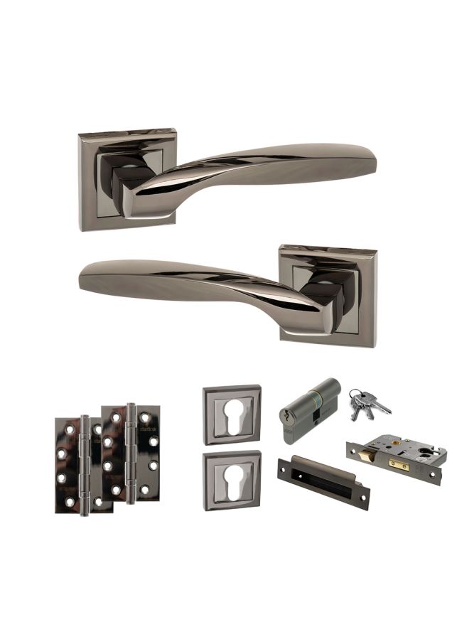 STATUS Oklahoma Door Handle Pack (Euro Lock Set - 2.5" CE Sashlock, 4" Slim Knuckle Hinges x2) - Black Nickel