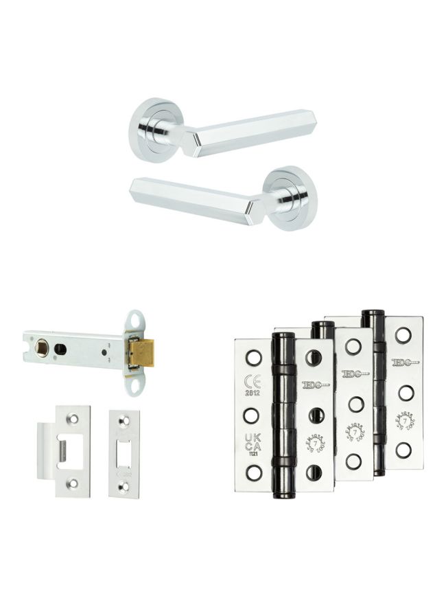 Complete Hex Door Handle Pack - Heavy Duty Latch - Polished Chrome - 102mm / 3-inch Hinges - JE-C22B-PC
