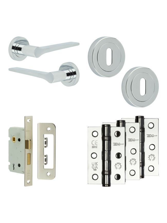 Complete Gio Door Handle Pack - Sashlock - Polished Chrome - 65mm / 3-inch Hinges - JE-E7B8-PC