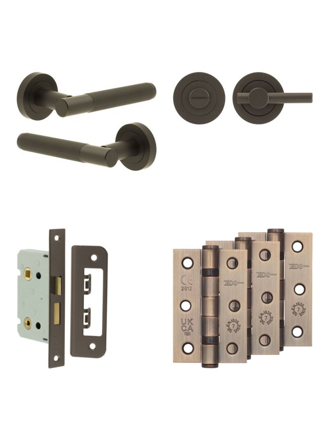 Complete Venice Door Handle Pack - Bathroom Lock (Plain Thumb Turn) - Dark Bronze - 65mm / 3-inch Hinges - JE-F5B2-DB