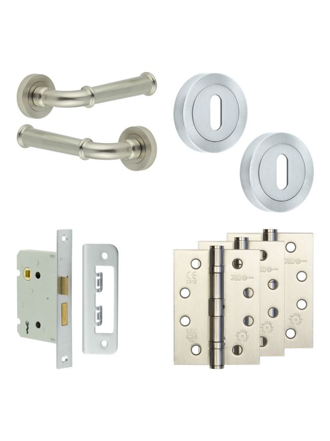 Complete Classic Door Handle Pack - Sashlock - Satin Nickel - 76mm / 4-inch Hinges - JE-A8A8-SN