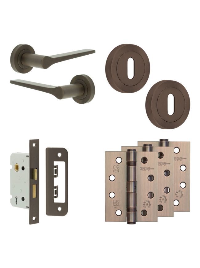 Complete Gio Door Handle Pack - Sashlock - Dark Bronze - 65mm / 4-inch Hinges - JE-E7A8-DB