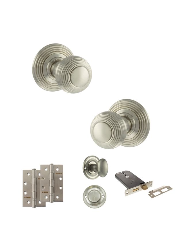 Old English Ripon Door Knob Pack (Lock Set - Horizontal Bathlock, 4" Slim Knuckle Hinges x2) - Satin Nickel
