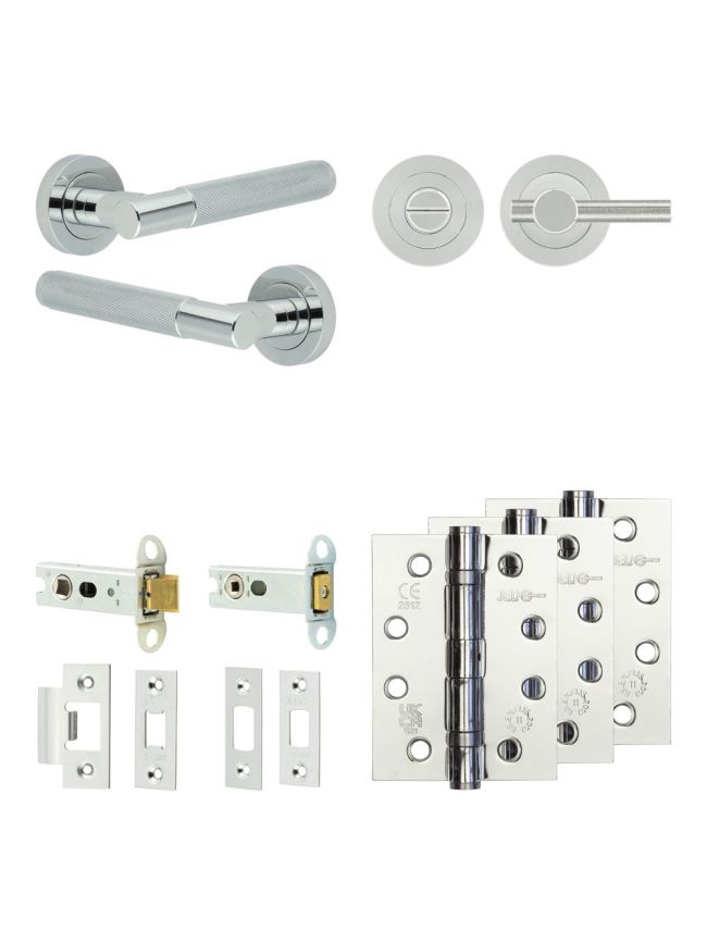 Complete Bari Door Handle Pack - Heavy Duty Tubular Bathroom (Knurled Thumb Turn) - Polished Chrome - 76mm / 4-inch Hinges - JE-D31A1-PC