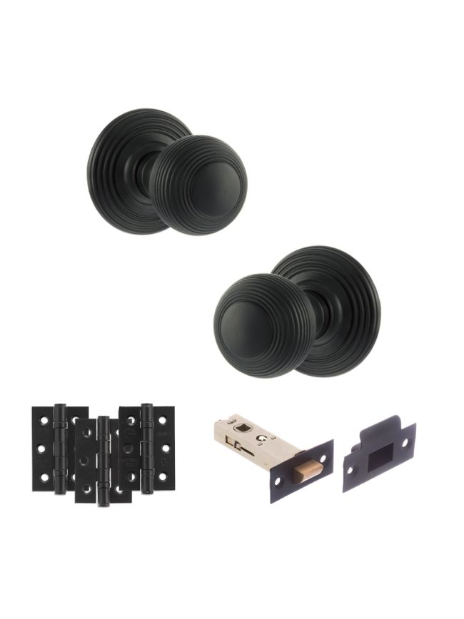 Old English Ripon Door Knob Pack (Latch Set - 4" HD Latch, 3" Fire Rated Hinges x3) - Matt Black