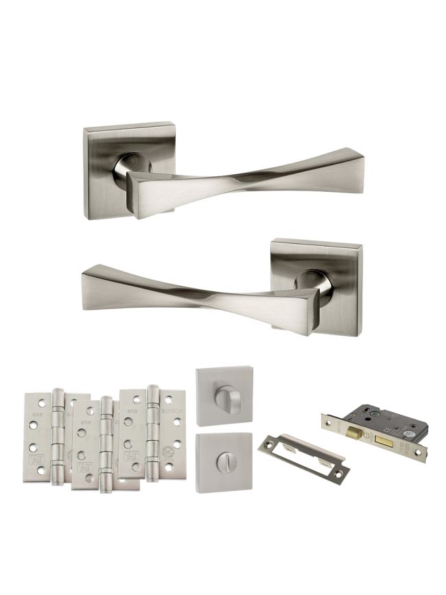 Senza Pari Guido Door Handle Pack (Bathroom Set - 3" CE Bathroom Lock, 4" Fire Rated Hinges x3) - Satin Nickel