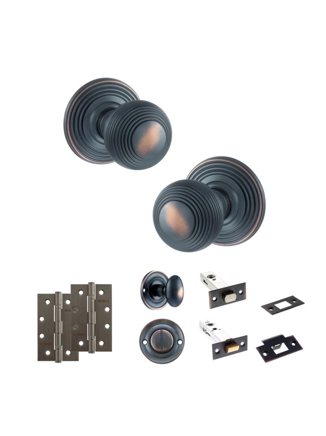 Old English Ripon Door Knob Pack (Bathroom Set - 3" Deadbolt, 4" Slim Knuckle Hinges x2) - Antique Copper