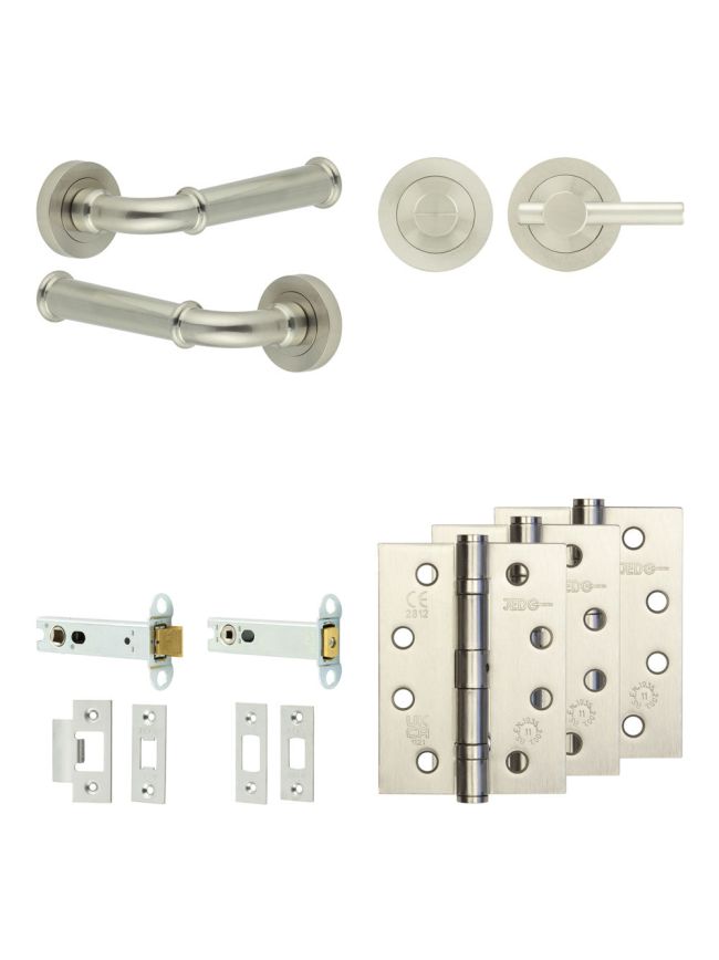 Complete Classic Door Handle Pack - Heavy Duty Tubular Bathroom (Plain Thumb Turn) - Satin Nickel - 102mm / 4-inch Hinges - JE-A32A2-SN