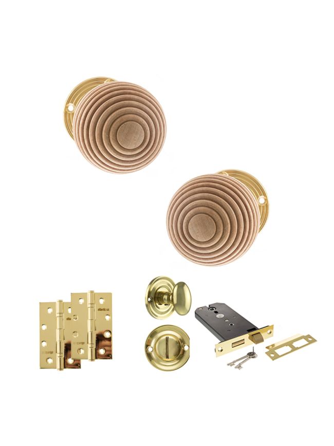 Old English Bridlington Door Knob Pack (Lock Set - Horizontal Bathlock, 4" Slim Knuckle Hinges x2) - Polished Brass