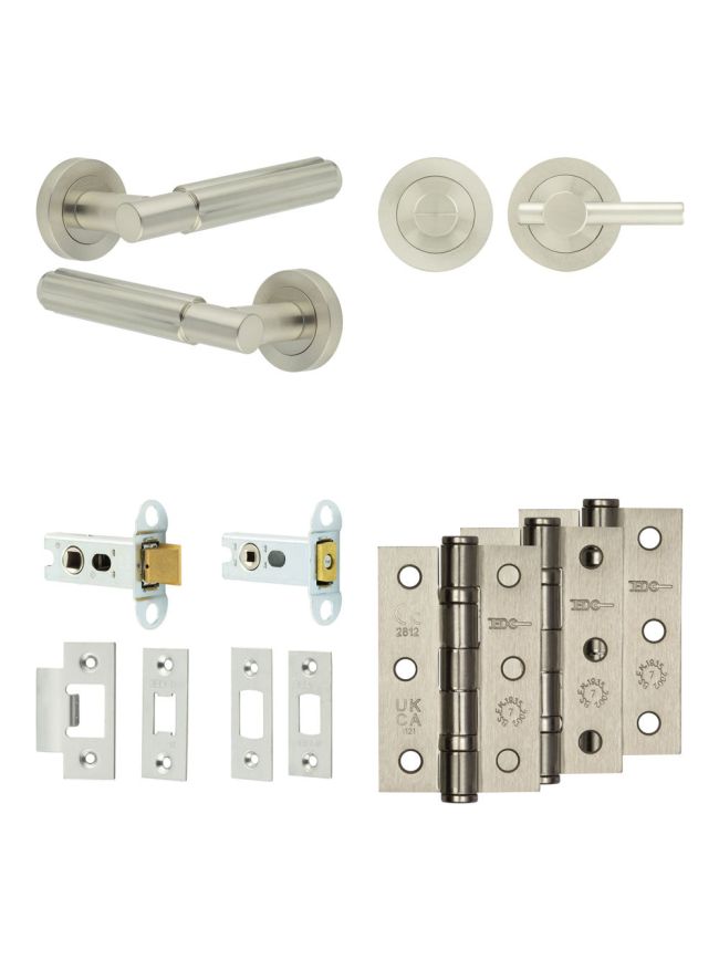 Complete Bloom Door Handle Pack - Heavy Duty Tubular Bathroom (Plain Thumb Turn) - Satin Nickel - 64mm / 3-inch Hinges - JE-B30B2-SN