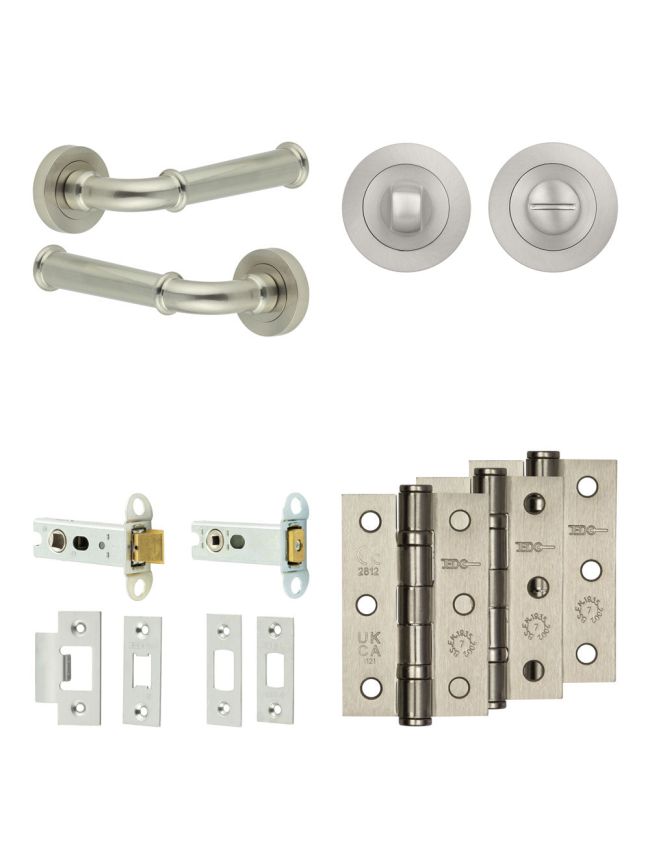Complete Classic Door Handle Pack - Heavy Duty Tubular Bathroom (Standard Thumb Turn) - Satin Nickel - 76mm / 3-inch Hinges - JE-A31B3-SN