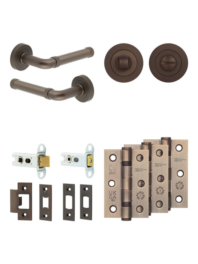 Complete Midtown Door Handle Pack - Heavy Duty Tubular Bathroom (Standard Thumb Turn) - Dark Bronze - 102mm / 3-inch Hinges - JE-G32B3-DB