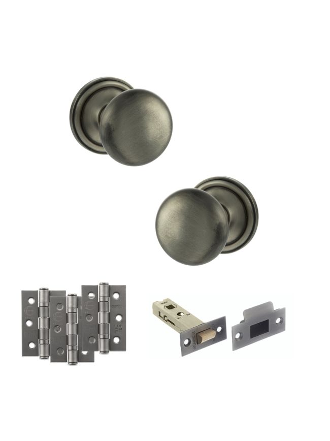 Old English Harrogate Door Knob Pack (Latch Set - 4" HD Latch, 3" Fire Rated Hinges x3) - Matt Gun Metal