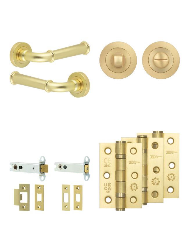 Complete Classic Door Handle Pack - Heavy Duty Tubular Bathroom (Standard Thumb Turn) - Satin Brass - 102mm / 3-inch Hinges - JE-A32B3-SB