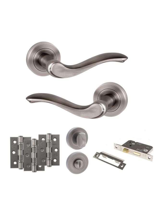 Old English Warwick Door Handle Pack (Bathroom Set - 2.5" CE Bathroom Lock, 3" Fire Rated Hinges x3) - Matt Gun Metal