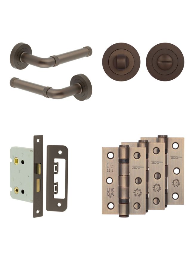 Complete Midtown Door Handle Pack - Bathroom Lock (Standard Thumb Turn) - Dark Bronze - 76mm / 3-inch Hinges - JE-G6B3-DB