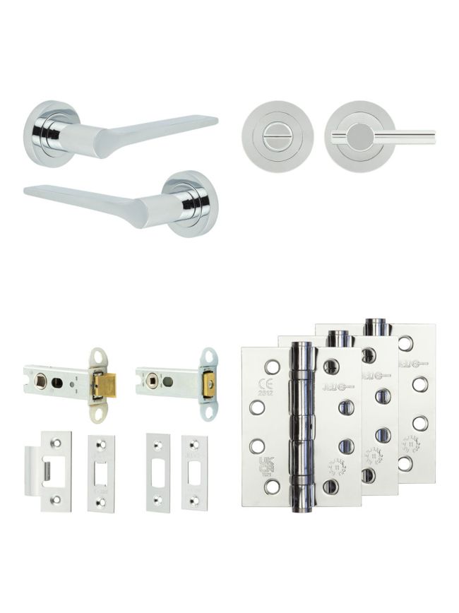 Complete Gio Door Handle Pack - Heavy Duty Tubular Bathroom (Plain Thumb Turn) - Polished Chrome - 76mm / 4-inch Hinges - JE-E31A2-PC