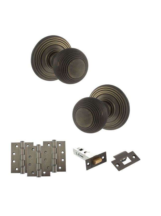 Old English Ripon Door Knob Pack (Latch Set - 3" HD Latch, 4" Fire Rated Hinges x3) - Urban Bronze