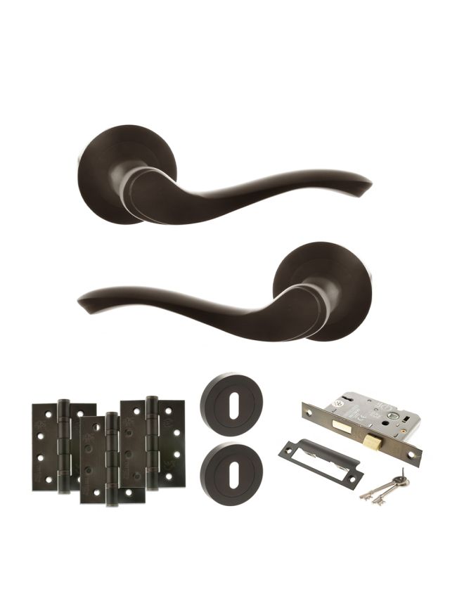 Old English Warwick Door Handle Pack (3 Lever Lock Set - 2.5" CE Sashlock, 4" Fire Rated Hinges x3) - Urban Dark Bronze