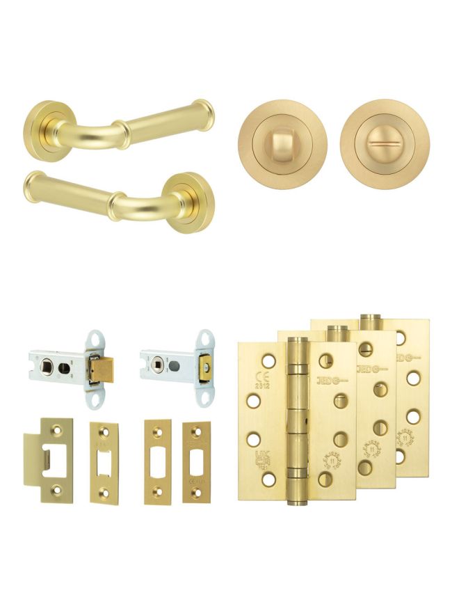 Complete Classic Door Handle Pack - Heavy Duty Tubular Bathroom (Standard Thumb Turn) - Satin Brass - 64mm / 4-inch Hinges - JE-A30A3-SB