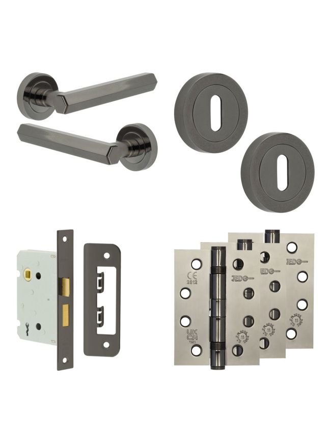 Complete Hex Door Handle Pack - Sashlock - Black Nickel - 76mm / 4-inch Hinges - JE-C8A8-BN