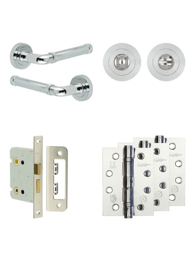 Complete Midtown Door Handle Pack - Bathroom Lock (Standard Thumb Turn) - Polished Chrome - 76mm / 4-inch Hinges - JE-G6A3-PC
