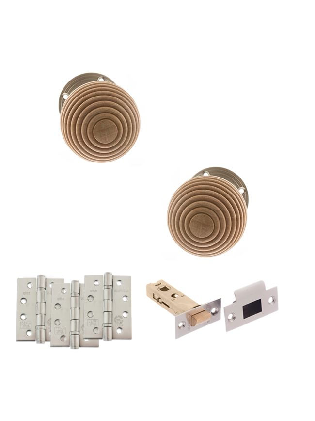 Old English Bridlington Door Knob Pack (Latch Set - 3" HD Latch, 4" Fire Rated Hinges x3) - Satin Nickel