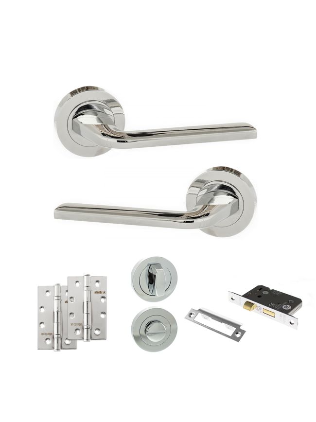 Eco Surf Door Handle Pack (Bathroom Set - 2.5" CE Bathroom Lock, 4" Slim Knuckle Hinges x2) - Polished Chrome
