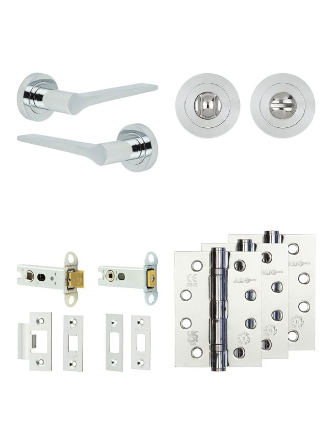 Complete Gio Door Handle Pack - Heavy Duty Tubular Bathroom (Standard Thumb Turn) - Polished Chrome - 76mm / 4-inch Hinges - JE-E31A3-PC
