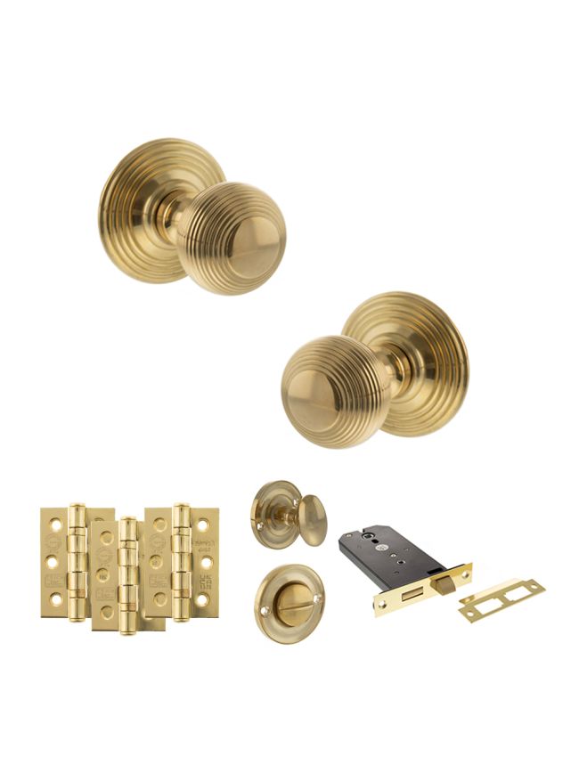 Old English Ripon Door Knob Pack (Lock Set - Horizontal Bathlock, 3" Fire Rated Hinges x3) - Raw Brass