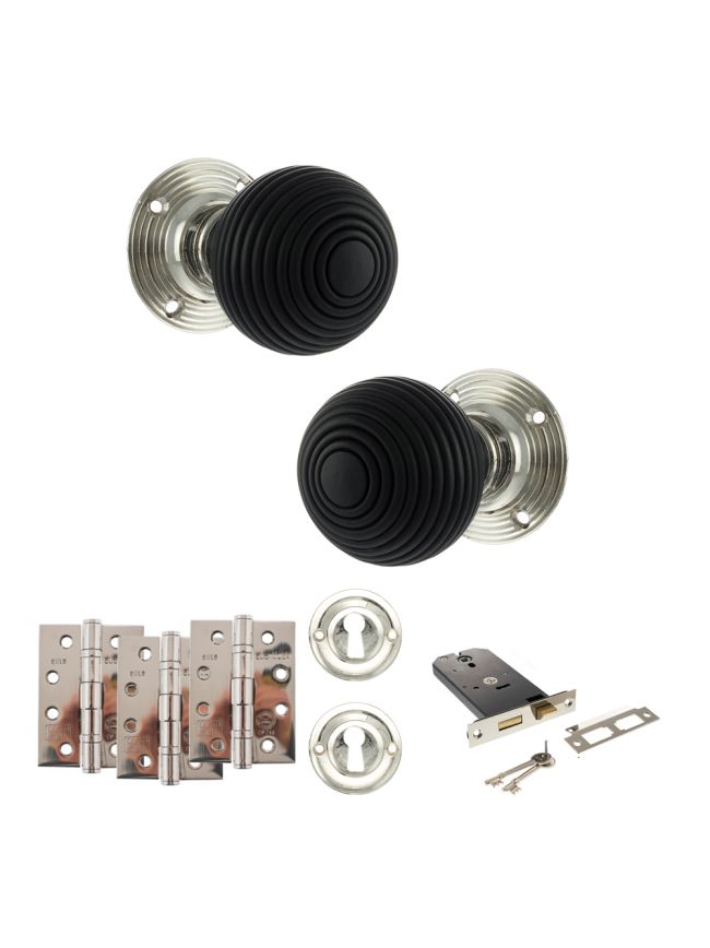 Old English Whitby Door Knob Pack (Lock Set - Horizontal Sashlock, 4" Fire Rated Hinges x3) - Polished Nickel