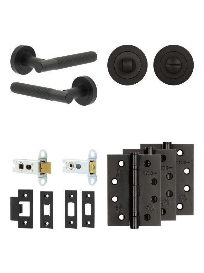 Complete Venice Door Handle Pack - Heavy Duty Tubular Bathroom (Standard Thumb Turn) - Matt Black - 64mm / 4-inch Hinges - JE-F30A3-MB